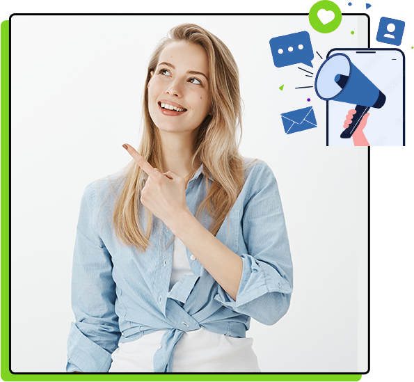 Kobieta wskazująca palcem w lewy górny róg